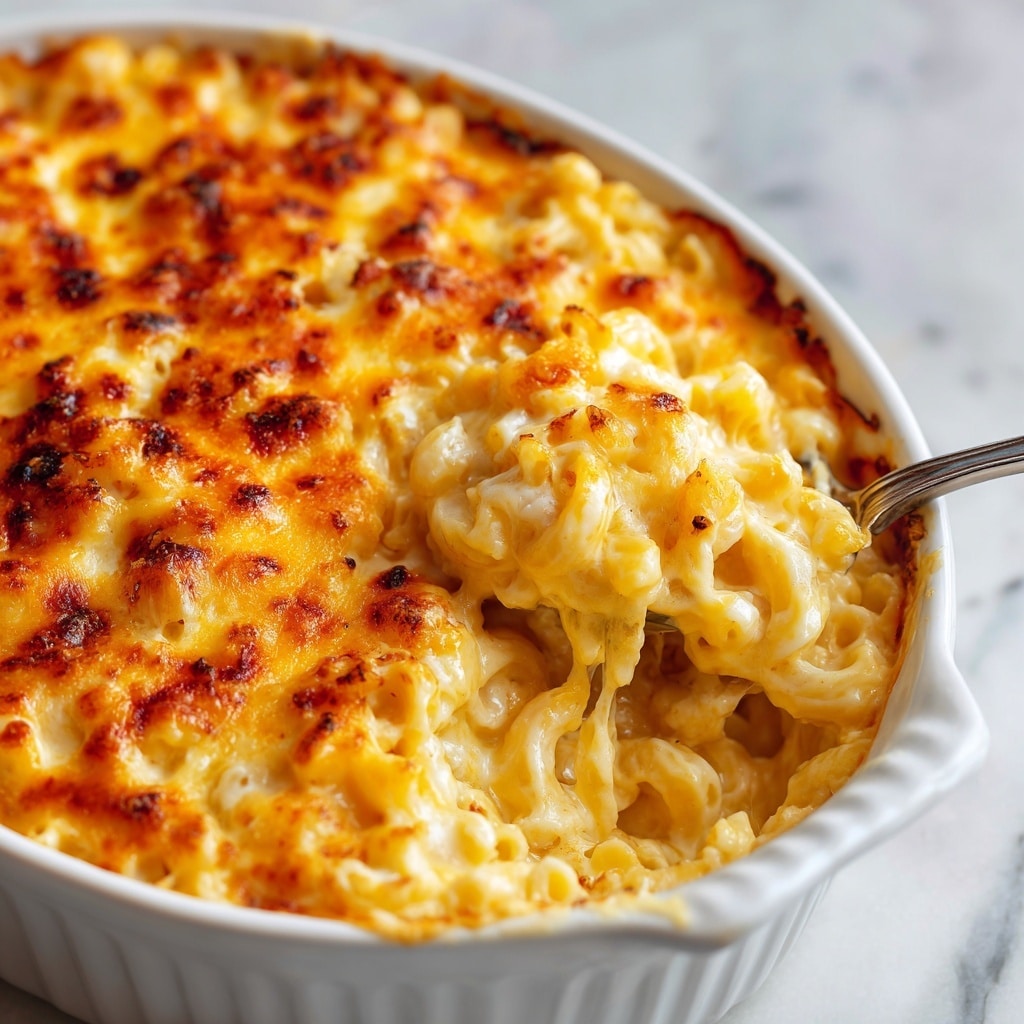 A close-up of creamy macaroni and cheese in a white ceramic dish shows two main layers: the bottom layer is soft, tender macaroni covered in smooth, pale yellow cheese sauce, while the top layer is a bubbly, golden-brown crust of melted cheese with some darker toasted spots. A silver spoon is scooping a portion of the dish, lifting up the gooey, cheesy macaroni and exposing the rich, moist texture beneath the browned top. The dish is set on a white marbled surface. photo taken with an iphone --ar 4:5 --v 7