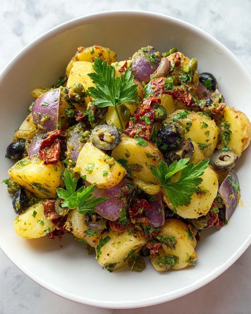 A white bowl filled with a potato salad made of soft, golden yellow potato pieces mixed with slices of purple-red onion, small dark green capers, and black olive slices. Sun-dried tomato strips add a deep red color, while chopped fresh green herbs sprinkle across the salad. Several flat green parsley leaves sit on top as garnish. The ingredients look coated in a light dressing, giving a slight shine to the textures. The bowl is placed on a white marbled surface. photo taken with an iphone --ar 4:5 --v 7