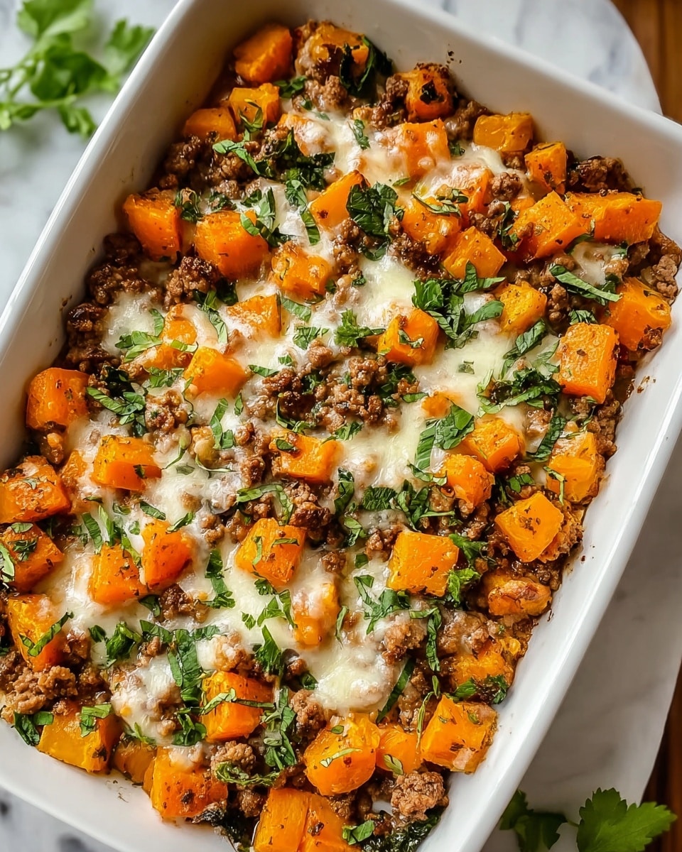 This dish is in a white baking dish filled with cooked layers. The first layer shows large, bright orange cubes of roasted butternut squash. Scattered on top are small pieces of browned ground meat, evenly spread. There are melted, creamy white cheese patches in between the meat and squash. Fresh green chopped herbs are sprinkled over everything, adding a fresh touch. The texture looks soft and slightly crispy on the edges. The baking dish sits on a white marbled surface with some blurred green herbs in the corner for decoration. photo taken with an iphone --ar 4:5 --v 7