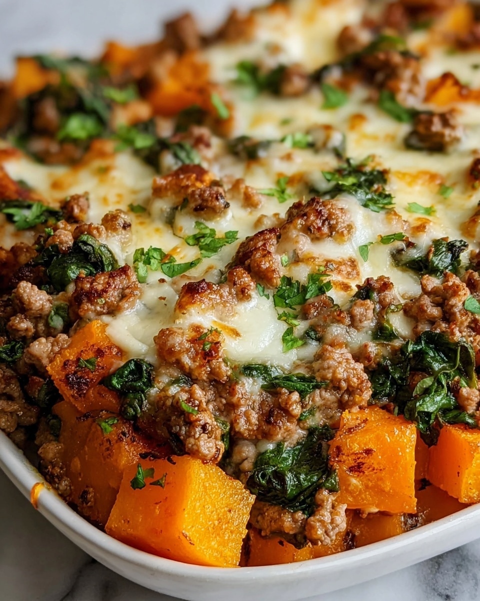 This close-up image shows a dish with three main layers visible. The bottom layer is cubed orange butternut squash with a soft texture. Above it, there is cooked ground meat, brown and crumbly, mixed evenly with greens that look like wilted spinach, dark green and soft. The topmost layer is melted white cheese, slightly stretchy and covering parts of the meat and squash. The dish appears hearty and colorful, resting on a white marbled surface. photo taken with an iphone --ar 4:5 --v 7