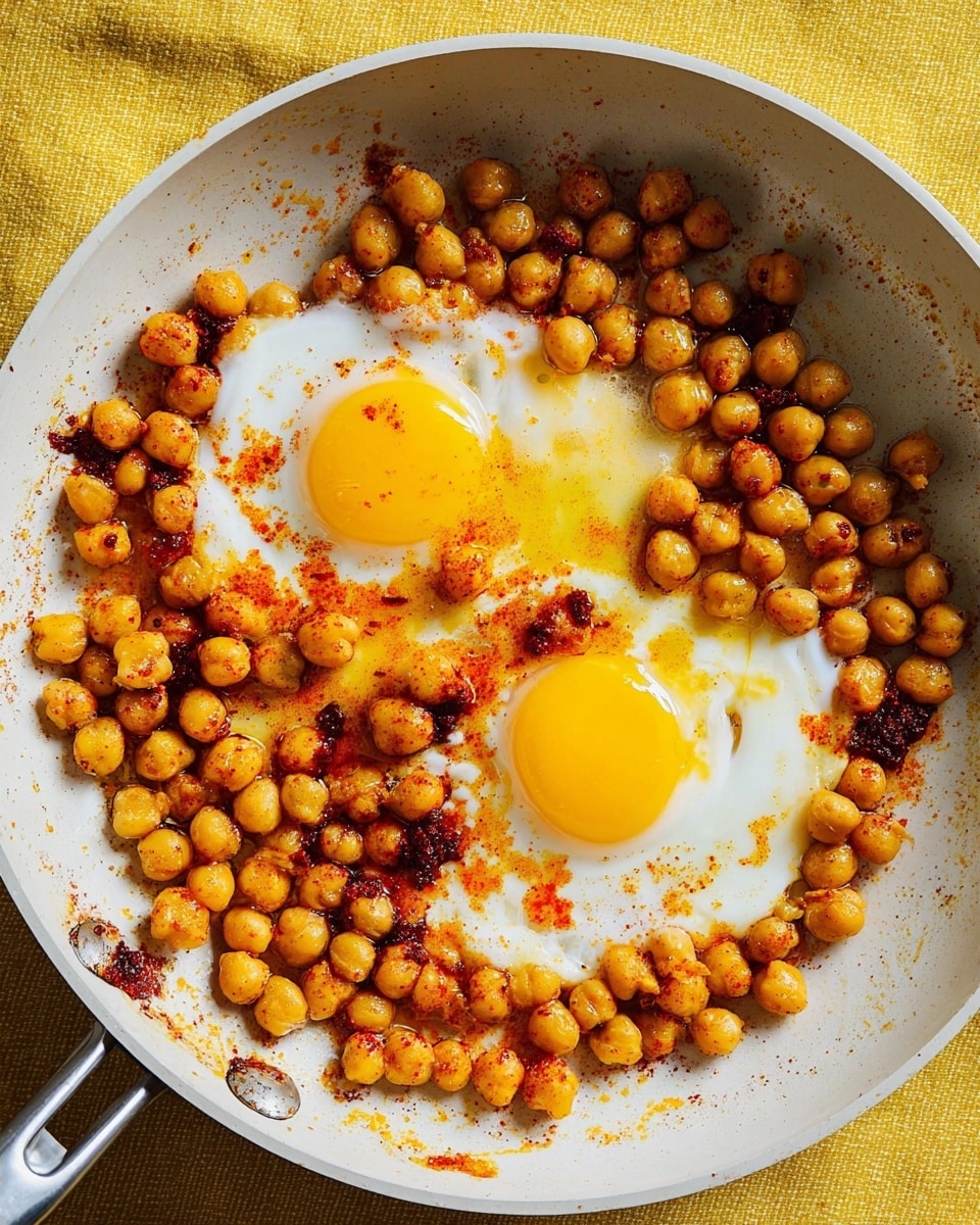A white pan contains two cooked eggs with bright yellow yolks partially surrounded by cooked chickpeas. The chickpeas are golden brown with some reddish bits, likely from spices or seasoning, scattered evenly around the eggs. The eggs sit slightly sunk into the chickpeas with some oily orange seasoning drizzled around, blending with the chickpeas. The pan rests on a yellow cloth and the whole scene is viewed from above. photo taken with an iphone --ar 4:5 --v 7