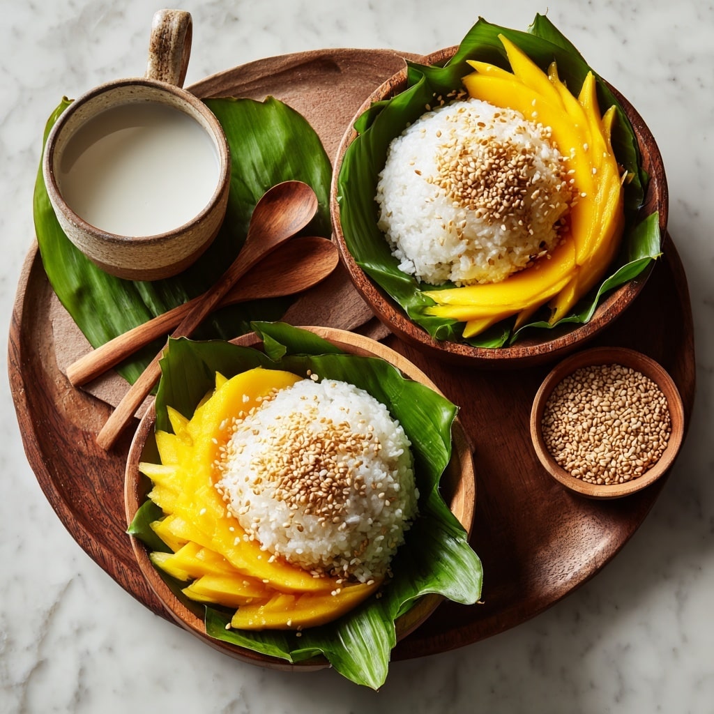 Two wooden bowls each hold a green banana leaf with two main layers on top: the bottom layer is bright yellow sliced mango, cut into thin pieces and slightly overlapping; the top layer is white sticky rice, shaped into a mound and sprinkled lightly with beige sesame seeds. Near the bowls, there is a small ceramic cup filled with white coconut milk and a small wooden bowl with more sesame seeds. Two wooden spoons rest on a green banana leaf in the background. The whole setup is on a white marbled surface. photo taken with an iphone --ar 4:5 --v 7