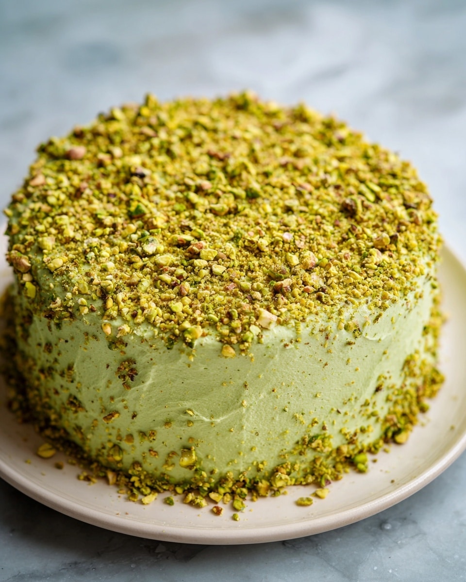 A round cake with two visible layers is covered in smooth light green frosting. The top and sides have a thick layer of chopped green pistachio nuts, giving it a textured look. A slice has been cut out, showing the inside which matches the green frosting and nut coating outside. The cake sits on a white plate on a white marbled surface. photo taken with an iphone --ar 4:5 --v 7