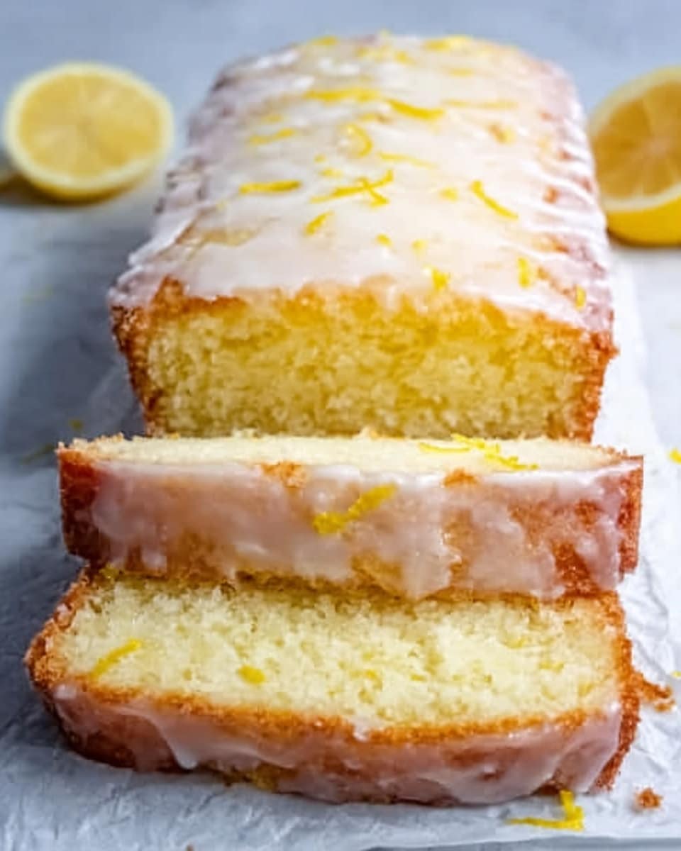 A sliced lemon loaf cake sits on a white rectangular tray placed on a white marbled surface. The cake has a golden-brown crust with a moist yellow interior and is topped with a shiny, slightly translucent glaze that drips down the sides. The glaze adds a glossy finish to the top and highlights the cake's soft texture. In the background, blurred yellow lemons add a fresh hint of color to the scene. Photo taken with an iphone --ar 4:5 --v 7