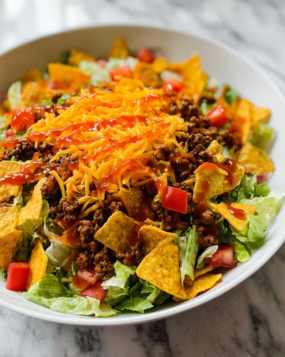 A close-up of a taco salad served in a deep white bowl placed on a white marbled surface, showing several colorful layers. The bottom layer is made of chopped crisp green lettuce, topped with a generous layer of browned ground beef scattered evenly. Over the beef, there are broken crunchy yellow corn tortilla chips spread around. Small diced red tomatoes are scattered throughout the dish, adding bright spots of color. The top layer is covered with shredded orange cheddar cheese, with a drizzle of reddish-brown salsa sauce spread unevenly across it, giving a glossy texture on top. photo taken with an iphone --ar 4:5 --v 7