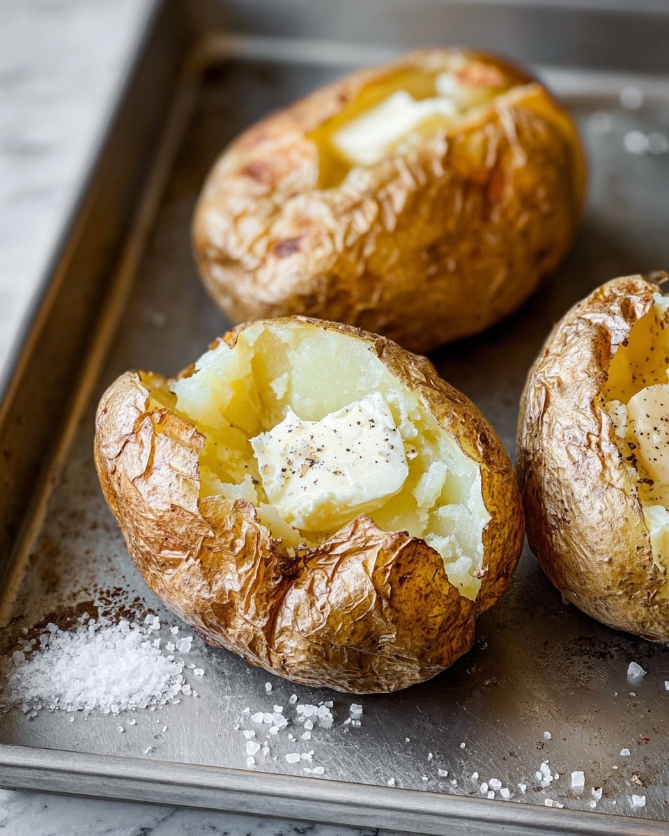 The image shows three baked potatoes with crispy, golden-brown skin sitting on a metal tray. Each potato is split open to reveal soft, fluffy white insides with a pat of melting butter in the center. The potatoes are sprinkled with flakes of coarse salt, some of which have fallen onto the tray. The overall look is warm and rustic on a white marbled surface. photo taken with an iphone --ar 4:5 --v 7