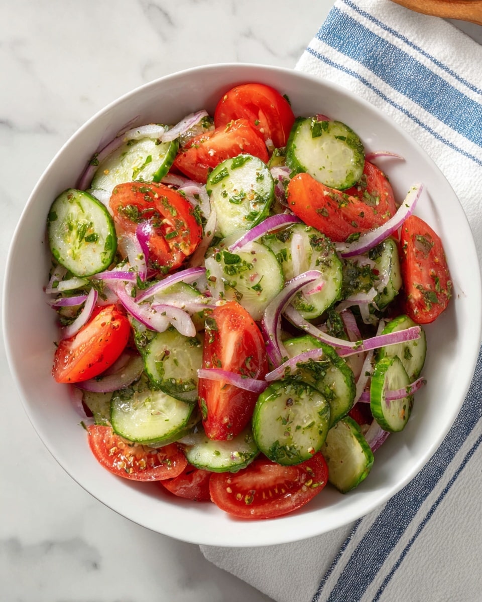 A white bowl filled with a fresh salad showing three main layers: bright green cucumber slices with visible seeds form the base, topped with bright red tomato wedges cut into quarters, and thin slices of purple onion scattered throughout. Small bits of green herbs are sprinkled on top, adding a touch of freshness. The bowl sits on a white marbled surface with a white and blue striped cloth partially visible at the edge. Photo taken with an iphone --ar 4:5 --v 7