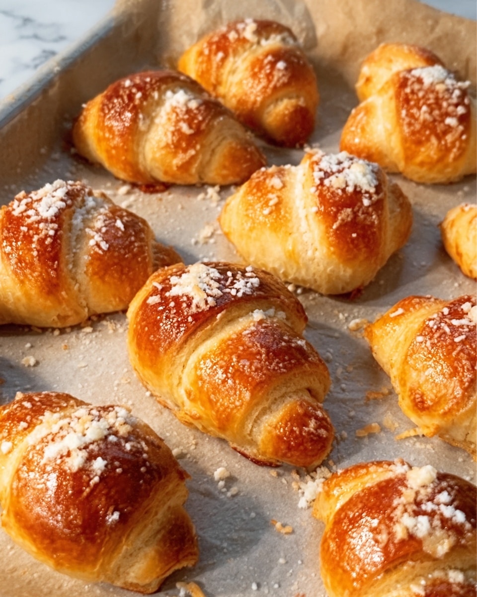 The image shows a group of shiny, golden brown croissants placed on a sheet of baking paper inside a baking tray. Each croissant has a slightly crispy, flaky texture with a glossy finish on top. Some are whole, while others are cut open, revealing soft, layered dough inside. Light sprinkles of powdered sugar or crumbs are scattered on top, adding a touch of white contrast to the warm brown colors. The background is a white marbled surface. photo taken with an iphone --ar 4:5 --v 7