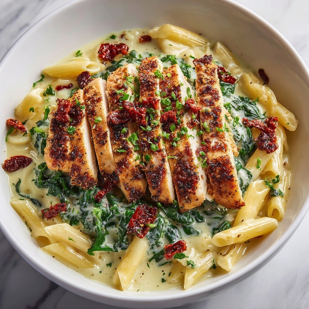 The image shows a white bowl filled with creamy pasta made from penne noodles, which are light yellow and smooth. Mixed throughout the pasta are pieces of golden brown, crispy chicken with a slightly rough texture on top. There are dark green spinach leaves scattered evenly, adding a fresh touch. The dish is sprinkled with small, fine white cheese shreds on top. The bowl sits on a white marbled surface. photo taken with an iphone --ar 4:5 --v 7