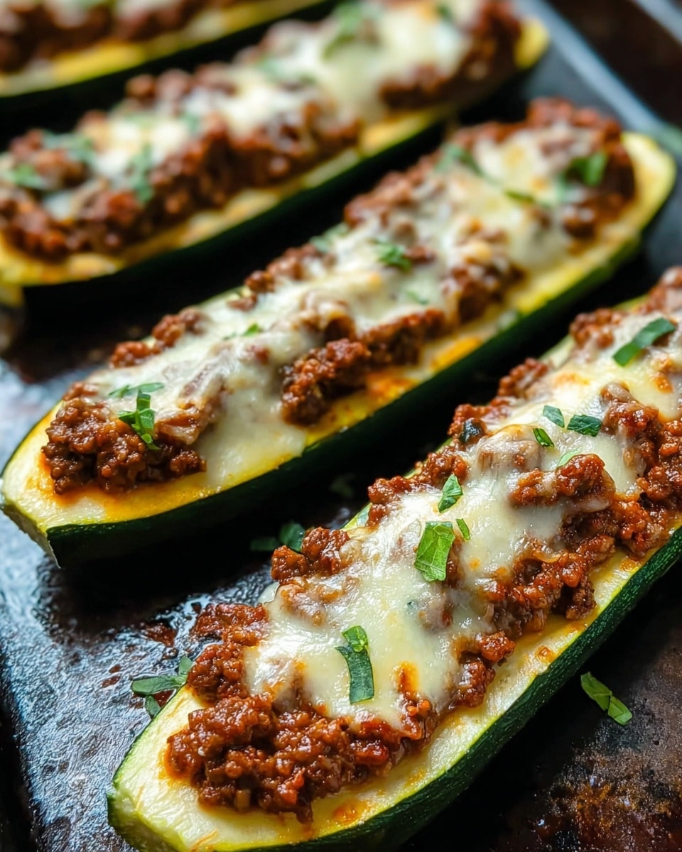 Four zucchini halves are laid side by side on a dark baking tray with a white marbled surface visible around the edges. Each zucchini boat has three main layers: a dark green smooth skin on the outside, a soft yellow interior flesh, and a thick topping of brown cooked ground meat mixed with herbs. On top of the meat layer is a melted, slightly browned layer of white cheese with a bubbly texture. Small pieces of green herbs are sprinkled over the cheese, adding fresh color to the dish. The photo is focused on the front two zucchini halves, showing texture and detail clearly. Photo taken with an iphone --ar 4:5 --v 7