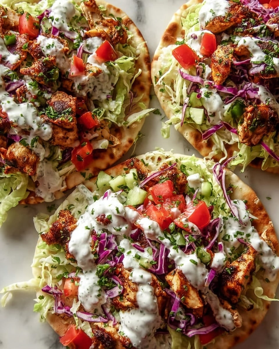 Three pieces of flatbread are placed on a white marbled surface, each topped with layers that build a colorful, fresh dish. The base layer is soft, golden flatbread, lightly toasted. On top, there is a mixture of shredded green lettuce and thin strands of purple cabbage scattered evenly. Next, grilled pieces of golden-brown chicken are arranged in small piles, showing char marks and a textured surface. Bright red diced tomatoes add spots of vivid color, while finely chopped green herbs are sprinkled all over. The dish is finished with a drizzle of creamy white sauce spread evenly, adding a smooth, moist texture to the layers. photo taken with an iphone --ar 4:5 --v 7