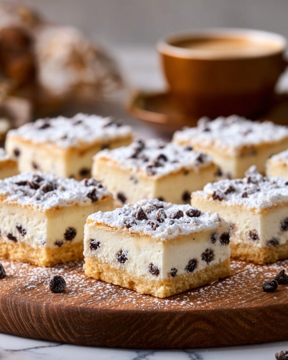 The image shows several square dessert bars arranged closely on a wooden board, each with two layers. The bottom layer is a golden-brown, crumbly cookie crust, while the top layer is thick and creamy white with small dark chocolate chips evenly spread inside and on top. The tops of the bars are lightly dusted with powdered sugar, giving a soft white texture. In the background, there is a blurred brown cup, and the scene is set on a white marbled surface. photo taken with an iphone --ar 4:5 --v 7