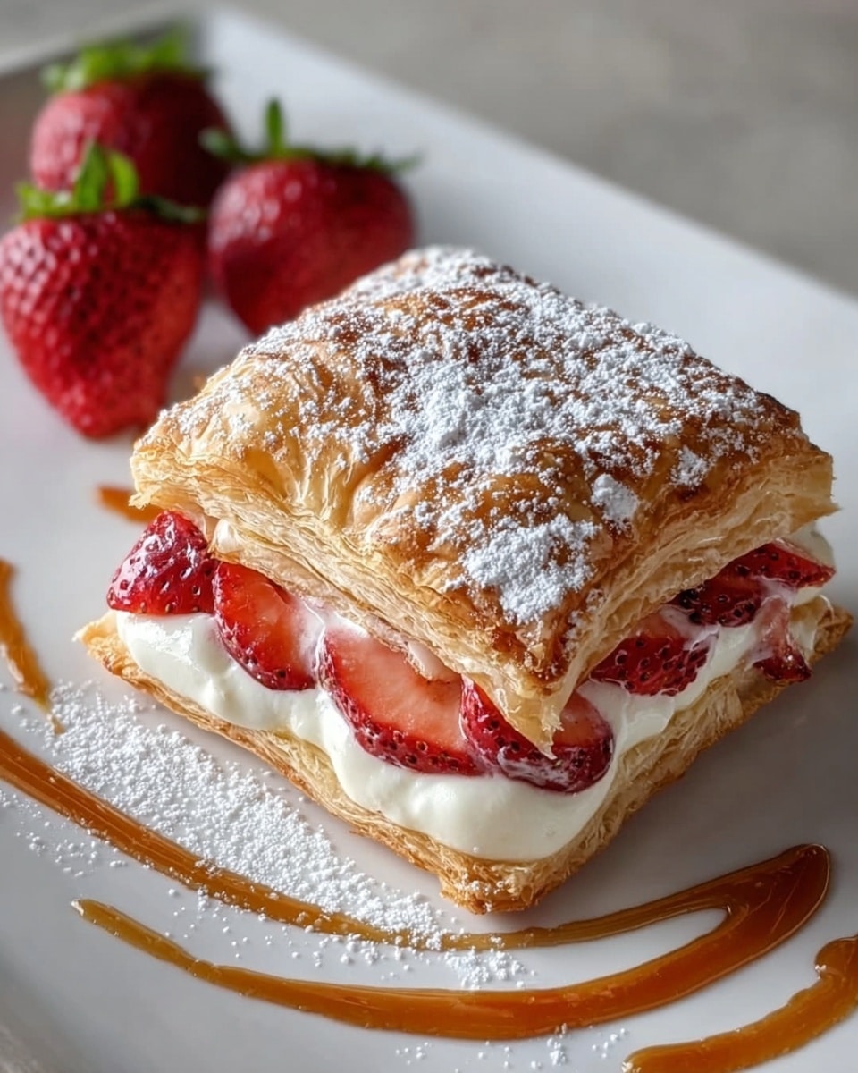 A square pastry with three golden brown, flaky layers, dusted lightly with powdered sugar on top, filled with smooth white cream in the middle layer, and fresh red strawberry slices peeking out from the sides; on top of the pastry, some strawberry slices are placed as decoration. The pastry is set on a white plate against a white marbled textured background, with three whole red strawberries with green tops beside it, and a curved drizzle of caramel sauce and powdered sugar on the plate for decoration. Photo taken with an iphone --ar 4:5 --v 7
