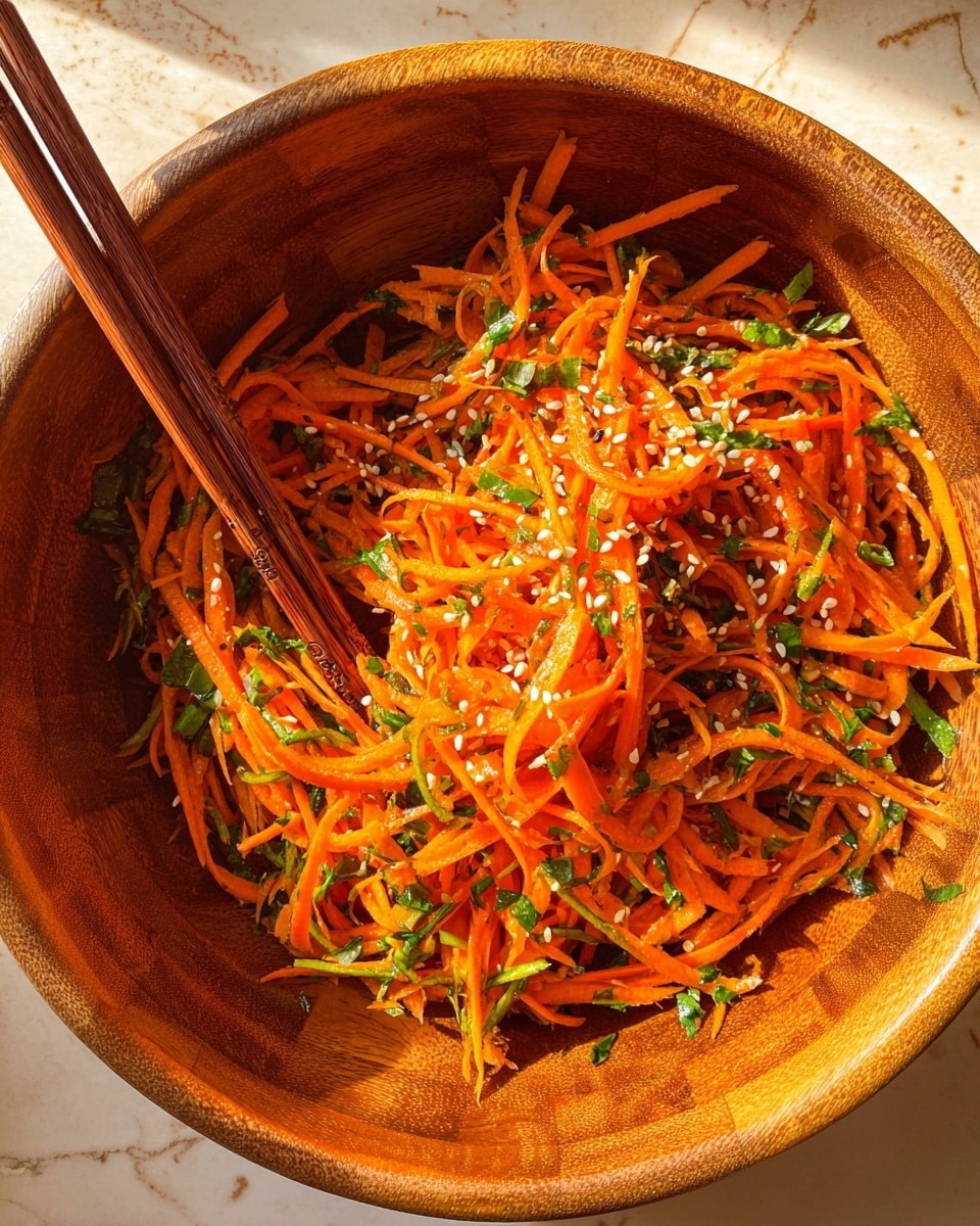 A close-up of a wooden bowl filled with thin shredded orange carrot strips mixed with thin green vegetable strips, likely cucumber or similar, sprinkled with white and black sesame seeds and small green herb bits. The strands are glossy, lightly coated in dressing, and look fresh and crunchy. A pair of wooden chopsticks hold up a small bundle of the carrot and green strips, showing textured, crinkled carrot ribbons and smooth green pieces. The background is softly blurred wood, but the focus is on the bright, vibrant colors and detailed textures of the salad. photo taken with an iphone --ar 4:5 --v 7