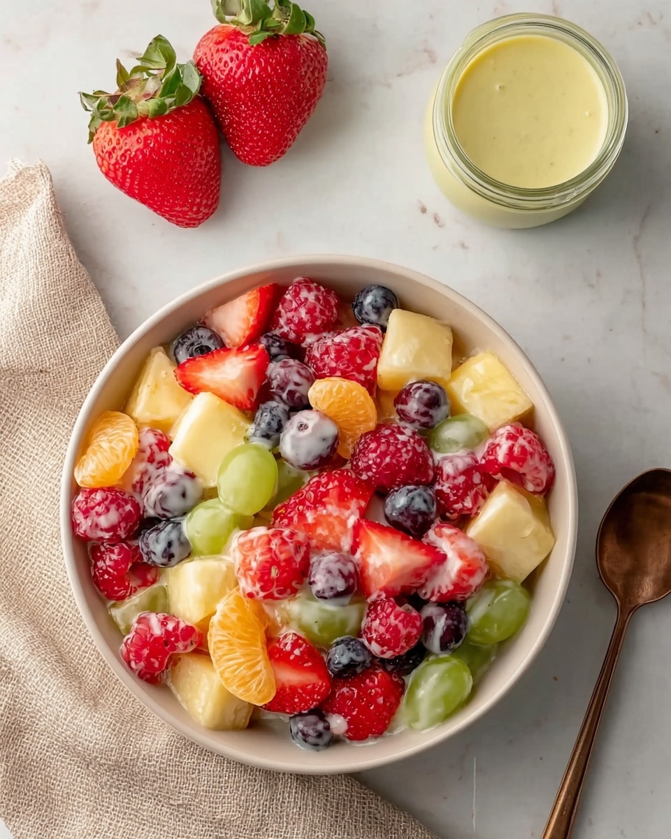 A white bowl is filled with a colorful mixed fruit salad that has about three layers of cut fruit pieces. The bottom layer consists of light green grapes and white pineapple chunks, the middle layer has orange tangerine segments and bright red raspberry clusters, and the top layer shows red strawberry pieces and dark blue blueberries. The fruit is covered unevenly with creamy white dressing that has small black seeds mixed into it. The bowl is placed on a light fabric atop a white marbled surface, and a blurred bright red strawberry and a small clear jar of cream are visible in the background. Photo taken with an iphone --ar 4:5 --v 7