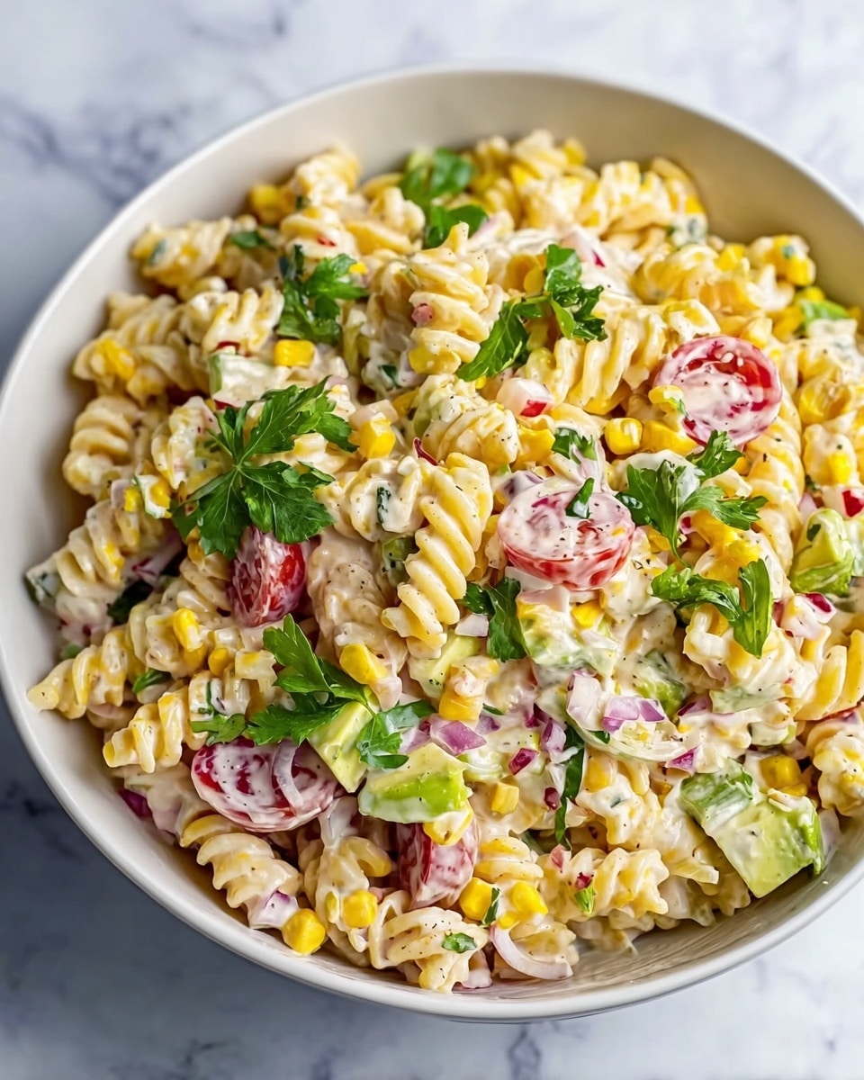 The image shows a bowl of creamy pasta salad with several colorful layers; the base layer is yellow spiral pasta coated in a white creamy sauce, mixed with bright yellow corn kernels and small cubes of light green avocado. Interspersed throughout are red cherry tomato pieces and finely chopped red onions, along with fresh green parsley leaves scattered on top. The textures vary from soft creamy sauce covering the pasta to the crisp, fresh vegetables adding color and freshness. The bowl is white and set against a white marbled texture background. photo taken with an iphone --ar 4:5 --v 7