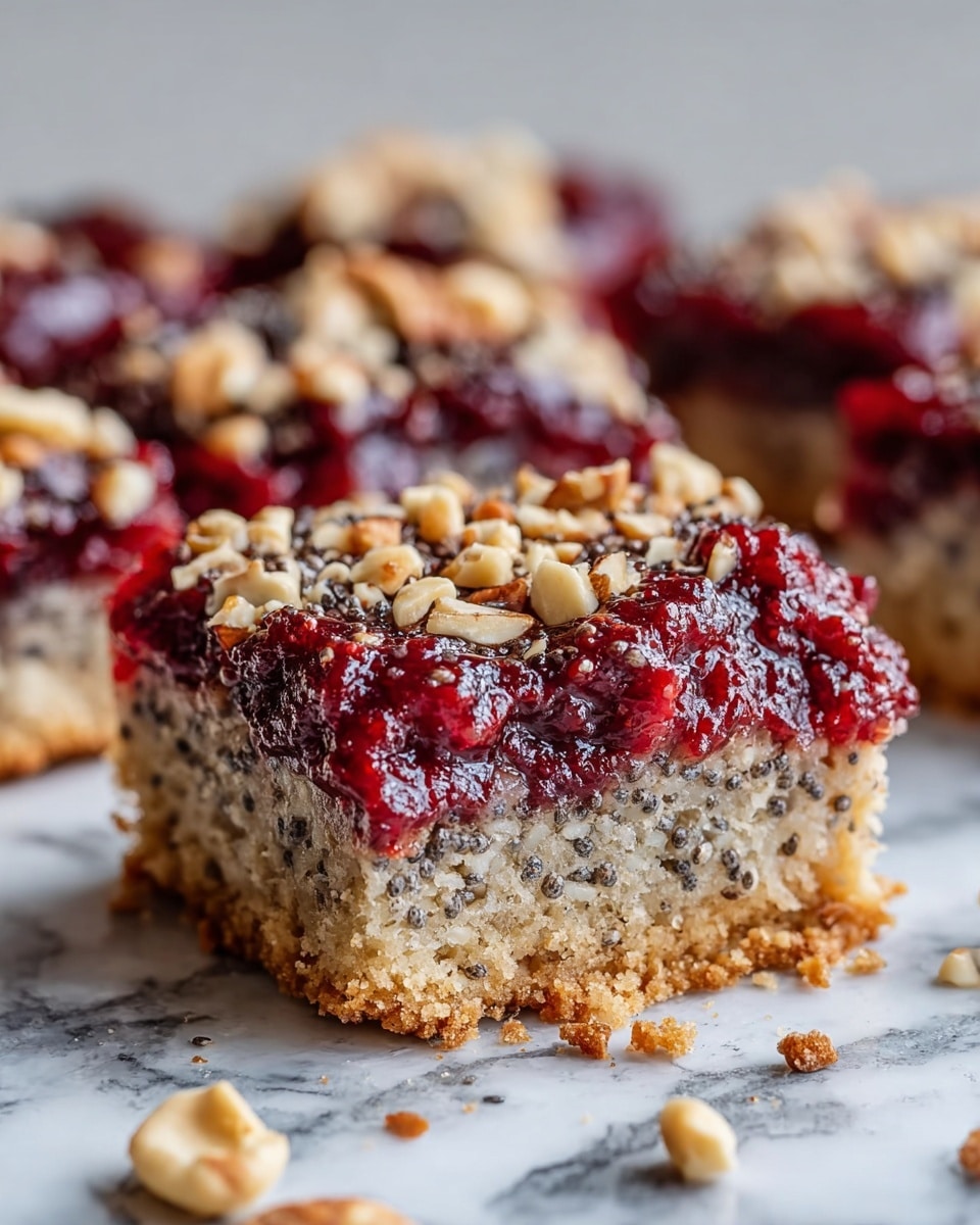 This image shows a close-up of a square layered bar with three layers. The bottom layer is thick and crumbly, light brown and textured with oats and grains. The middle layer is thin and smooth, pale beige with small black chia seeds evenly spread throughout. The top layer is thick and bright red with a glossy, slightly chunky texture of mixed berries, sprinkled with a few oats and white seeds on top. The bar is placed on a white marbled surface, with another similar bar in the background, slightly blurred. Photo taken with an iphone --ar 4:5 --v 7