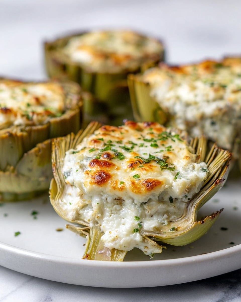 The image shows four stuffed artichoke halves on a white plate over a white marbled surface. Each artichoke has three main layers: the outer light to medium green leaves form the base, the middle thick pale green to white heart is smooth and dense, and the top layer is a thick, creamy, white cheese mixture with golden-brown baked spots and small green herbs sprinkled on top. One artichoke half is placed at the front, in sharp focus, showing detailed textures of the layers and browned cheese, while the others are blurred in the background. photo taken with an iphone --ar 4:5 --v 7