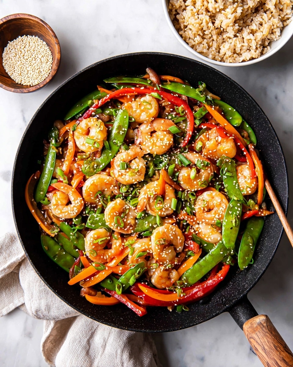 The image shows a black pan filled with colorful stir-fry layers: the bottom layer is made of bright green snap peas and thin strips of orange carrot, followed by shiny red bell pepper slices evenly spread throughout. On top, there are many plump, pale pink shrimp with a slight golden brown sear, garnished with small chopped green onions and sprinkled with white sesame seeds. Two wooden chopsticks rest on the edge of the pan. Near the pan, there is a small white bowl of brown rice and a small light wooden bowl filled with sesame seeds, all placed on a white marbled surface with a beige cloth napkin nearby. photo taken with an iphone --ar 4:5 --v 7