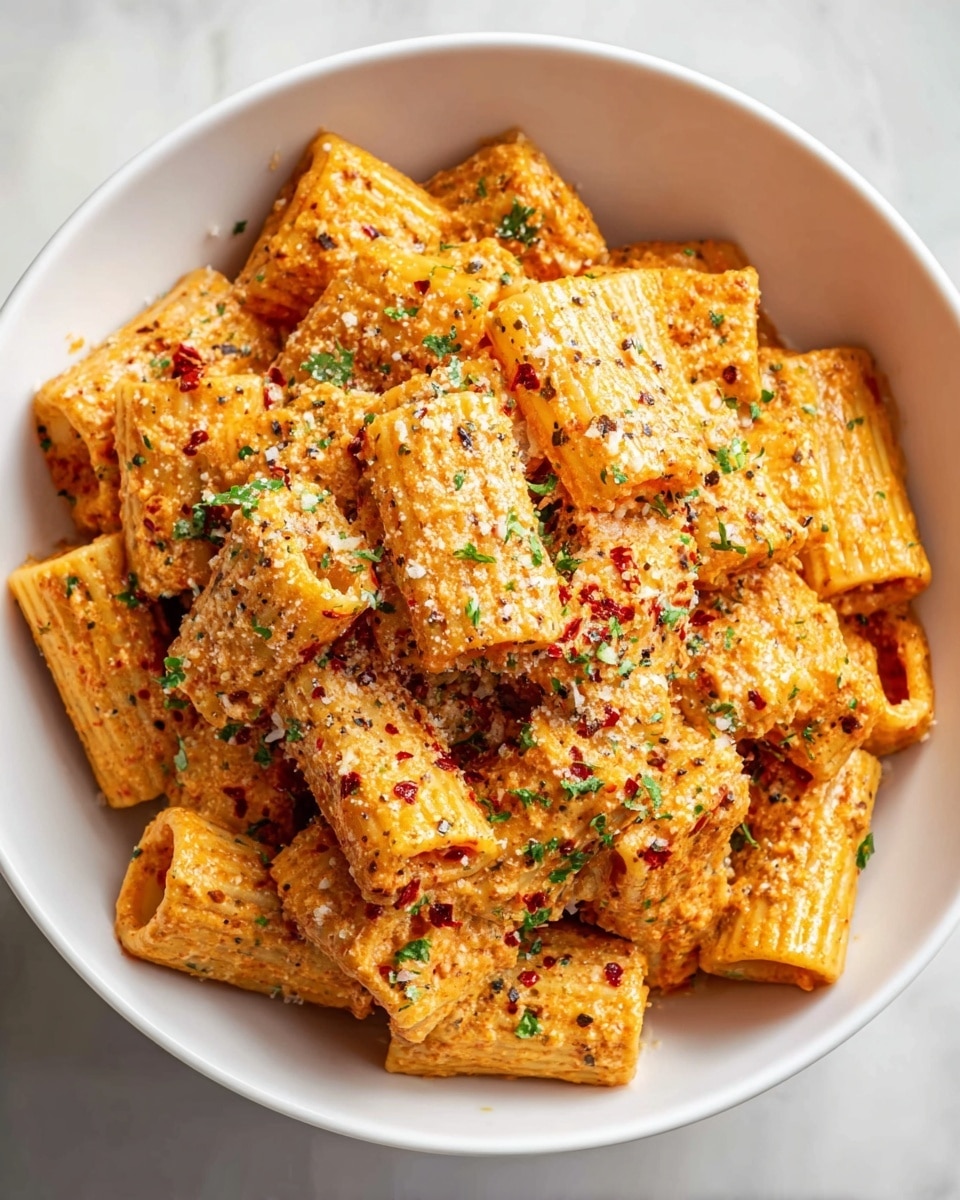 A white bowl filled with rigatoni pasta coated in a creamy, orange-red sauce with visible herbs and spices. The rigatoni pieces are thick and ridged, stacked irregularly to create a textured pile. The sauce appears rich and smooth, speckled with green parsley and black pepper flakes. The top layer is lightly sprinkled with white grated cheese and more herbs, adding a fine grainy contrast. The bowl rests on a white marbled surface. photo taken with an iphone --ar 4:5 --v 7