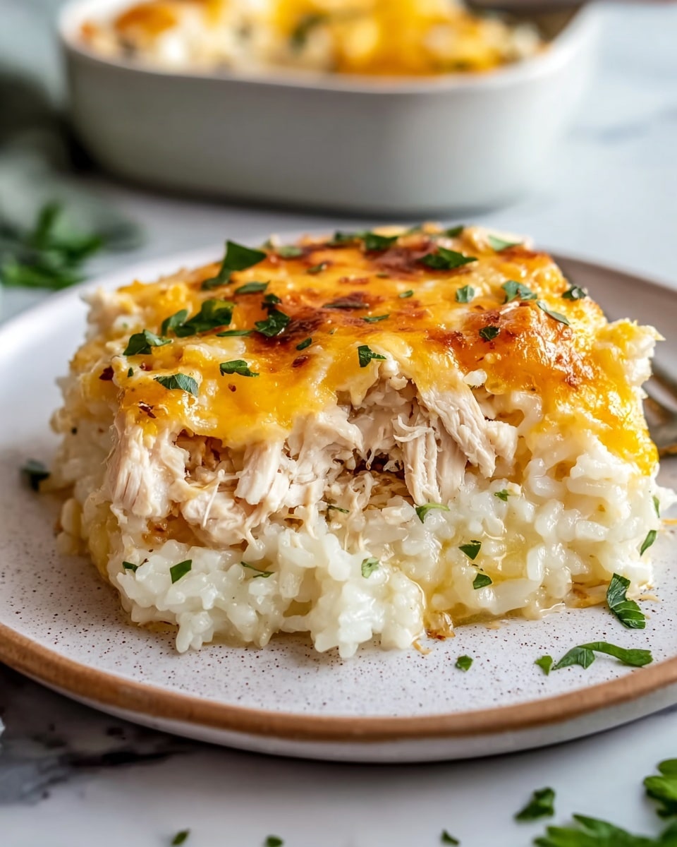 A close-up of a single piece of cheesy chicken casserole on a white plate with a speckled pattern. The dish has three visible layers: the bottom creamy rice layer is off-white and soft, the middle shredded white chicken layer is thick and textured, and the top golden yellow melted cheese layer is bubbly with browned spots. Fresh green herbs are sprinkled on top and around the plate for color contrast. The plate sits on a surface with a white marbled texture, and blurred bowls and greenery are in the background. Photo taken with an iphone --ar 4:5 --v 7