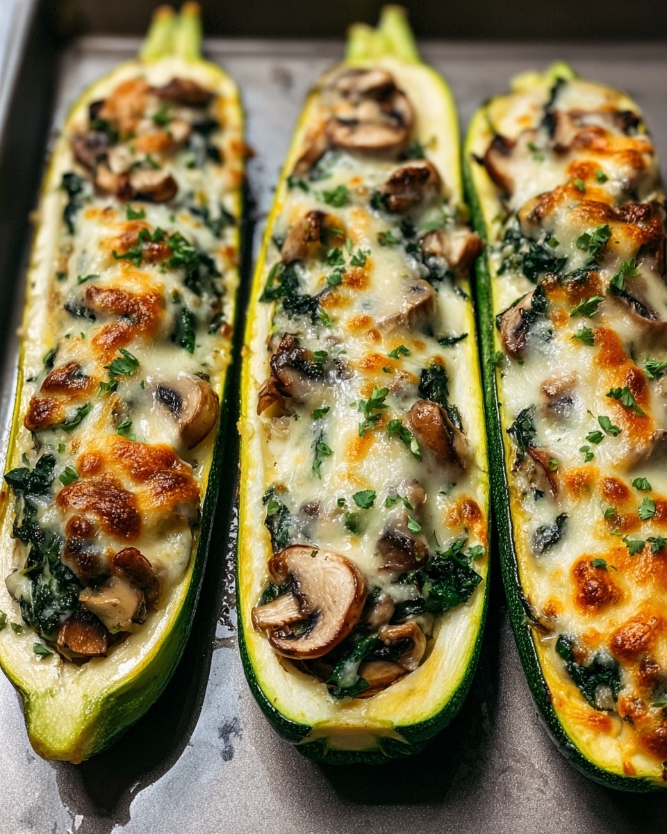 The image shows three long zucchini halves placed on a gray baking tray, each filled with layered ingredients. The base is a bright green zucchini shell, topped with a creamy, melted white cheese layer that has a slightly golden bubble texture from baking. Green spinach pieces are spread throughout this cheese layer, adding a pop of deep green color. On top, there are browned, sliced mushrooms scattered evenly, giving a soft, cooked texture. Small bits of fresh green herbs are sprinkled over the dish. The background is a white marbled texture. photo taken with an iphone --ar 4:5 --v 7