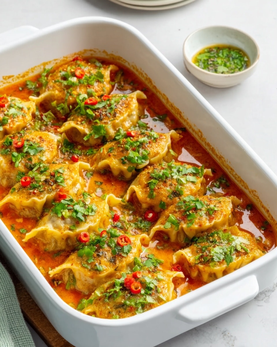 A white rectangular baking dish filled with a neat row of golden brown dumplings, each dumpling showing crispy edges and slight browning on top. The dumplings are covered in a rich, orange-red sauce with a smooth texture, and sprinkled generously with chopped green herbs and small red chili pieces. The dish sits on a white marbled surface with a small portion of a white plate and a green sauce bowl visible in the background. Photo taken with an iphone --ar 4:5 --v 7