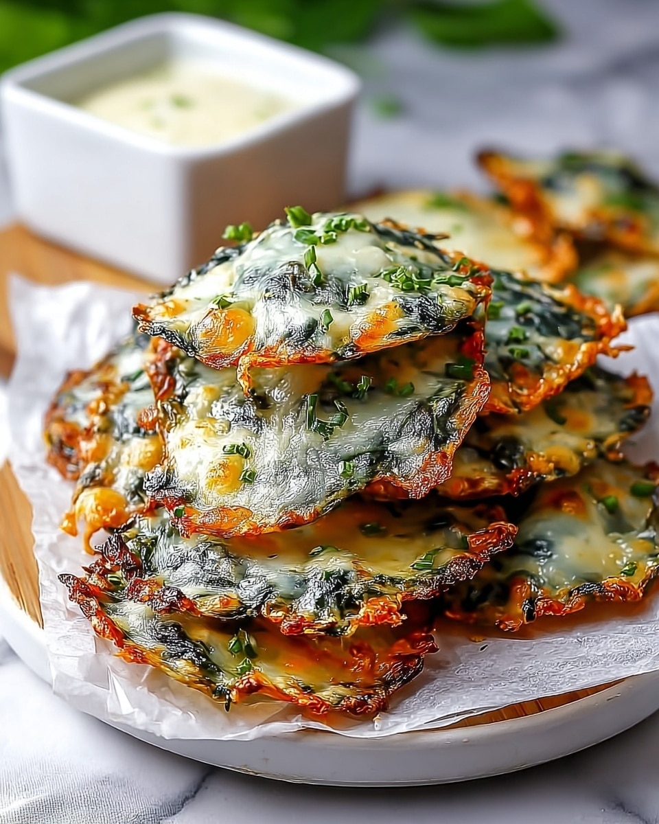 A stack of crispy baked snacks made with melted cheese and green spinach pieces is placed on white parchment paper atop a white marbled textured wooden board. Each snack looks thin and irregularly shaped with browned, golden edges and white melted cheese that has a bubbly texture covering dark green spinach spots throughout. The snacks are piled high in layers going from bottom to top, with a small white bowl filled with a creamy dip garnished with green herbs blurred softly in the background. The setting includes a leafy green plant on a white marbled background. photo taken with an iphone --ar 4:5 --v 7