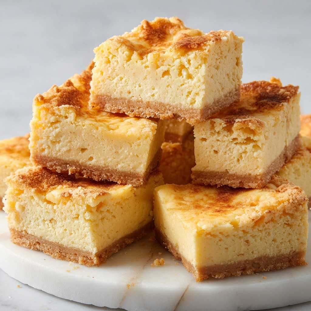 The image shows several square pieces of a light golden-yellow dessert with a slightly cracked, crisp top layer. Each piece is thick with a soft, moist inside that looks dense but tender. The squares are stacked unevenly on a large white plate with a white marbled texture underneath. The top and edges have a toasted appearance, with variations in golden shades and a few crumbly bits. Photo taken with an iphone --ar 4:5 --v 7