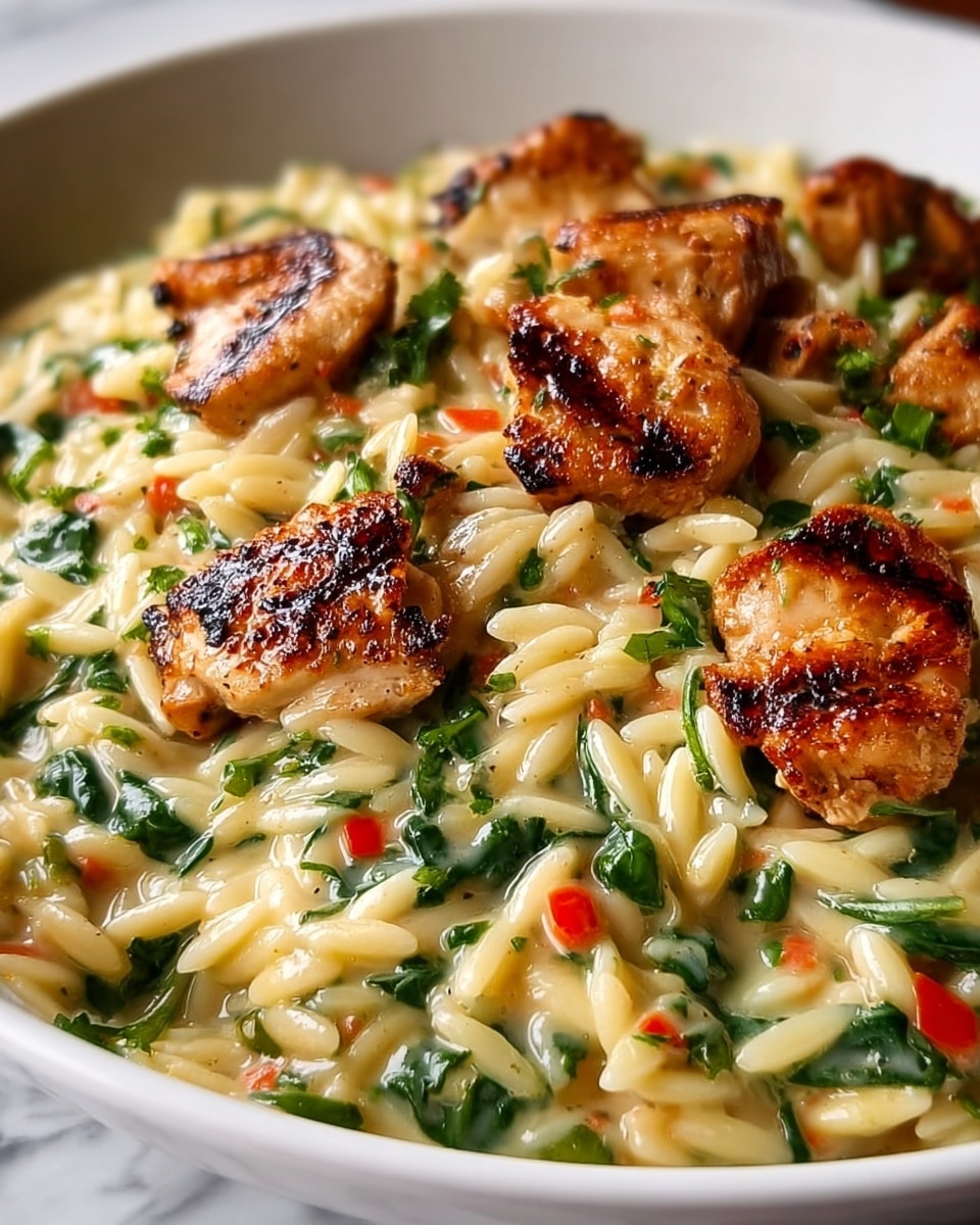 The dish shows a close-up of creamy orzo pasta mixed with small pieces of green spinach and tiny bits of red pepper. On top are golden-brown grilled chicken chunks that look juicy and slightly charred with visible grill marks. The orzo has a smooth, glossy texture and a light creamy sauce that coats all parts evenly. The vibrant green spinach adds freshness around the chicken, which is spread evenly across the dish. The meal is presented in a white bowl, placed on a white marbled surface. photo taken with an iphone --ar 4:5 --v 7