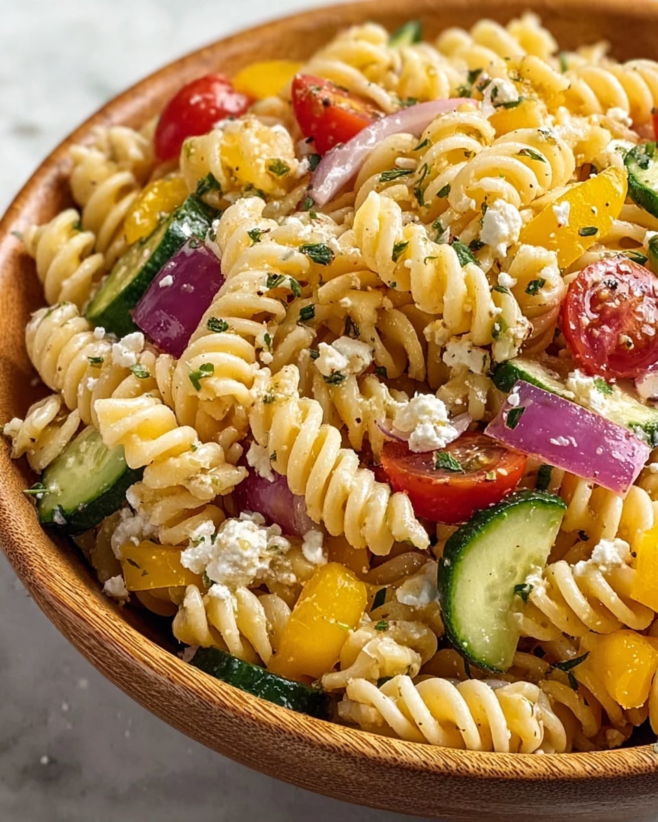 A close-up view of a pasta salad in a shallow wooden bowl, filled with three visible layers of colorful ingredients: the bottom layer consists of off-white, spiral-shaped rotini pasta, the middle layer is made of bright yellow bell pepper pieces, sliced red onions, quartered cherry tomatoes with a glossy red finish, and thick cucumber slices that are green with a fresh, moist texture, and the top layer is sprinkled with small, crumbly white feta cheese bits and finely chopped dark green herbs. The pasta and vegetables are lightly coated with a dressing that gives a slight shine to the surface, all set against a white marbled background. photo taken with an iphone --ar 4:5 --v 7