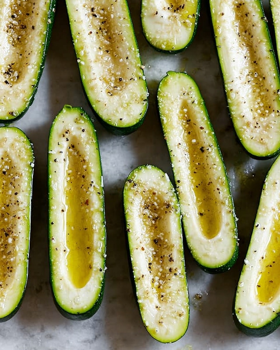 The image shows a baking tray filled with six zucchini boats, each sliced in half lengthwise and hollowed out. The zucchini's bright green skin forms the outer layer, with a pale greenish flesh inside. Each boat is filled with a colorful mixture of small diced red bell peppers, white grains (likely couscous or quinoa), finely chopped green herbs, and white crumbles that look like cheese scattered on top. A spoon is placing the mixture inside one zucchini boat on the right side. The tray is placed on a white marbled surface with some scattered herbs around. The photo taken with an iphone --ar 4:5 --v 7