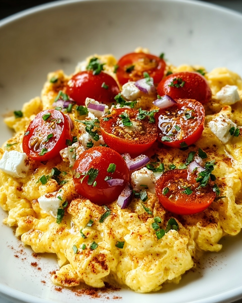 A white plate holds a creamy, fluffy layer of yellow scrambled eggs as the base. On top, there are small round slices of deep red cherry tomatoes scattered evenly. White crumbled cheese is sprinkled across, along with finely chopped green herbs adding fresh color. A light dusting of reddish spice is sprinkled over the entire dish, giving it a warm, textured look. The plate sits on a white marbled surface. photo taken with an iphone --ar 4:5 --v 7