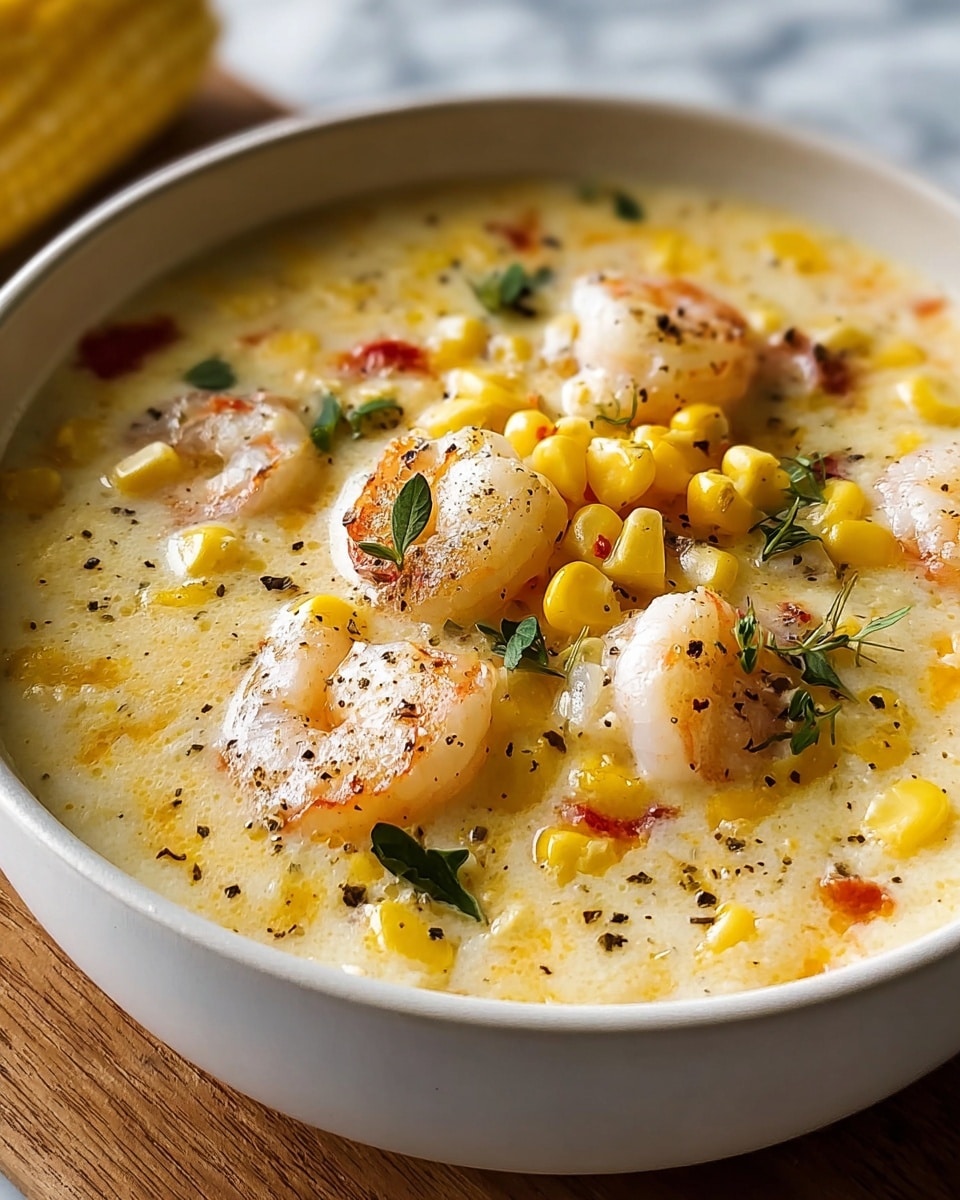 The image shows a white bowl filled with creamy soup. The soup has a light beige color with a smooth texture. On the surface, there are several pieces of white shrimp, bright yellow corn kernels scattered around, and small bits of orange-red seasoning. Tiny green herb leaves sprinkled on top add a fresh touch. The bowl is placed on a round wooden board, and the whole scene rests on a white marbled surface. photo taken with an iphone --ar 4:5 --v 7