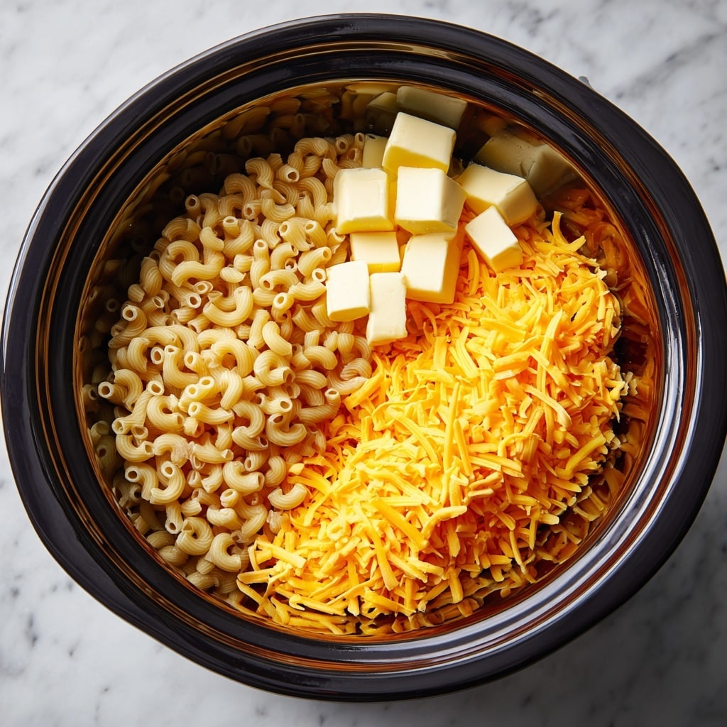 A close-up view of a black slow cooker filled with three separate layers of food before cooking, placed on a white marbled surface. Starting from the bottom left, there is a layer of dry, uncooked elbow macaroni noodles, light yellow in color with a smooth texture. On the top left sits a small pile of pale yellow cubed butter, evenly cut and solid. The right side is covered with a thick, fluffy mound of shredded cheese in bright yellow and orange shades, creating a soft and textured look. The inside of the slow cooker is shiny and dark, contrasting with the bright ingredients inside. photo taken with an iphone --ar 4:5 --v 7