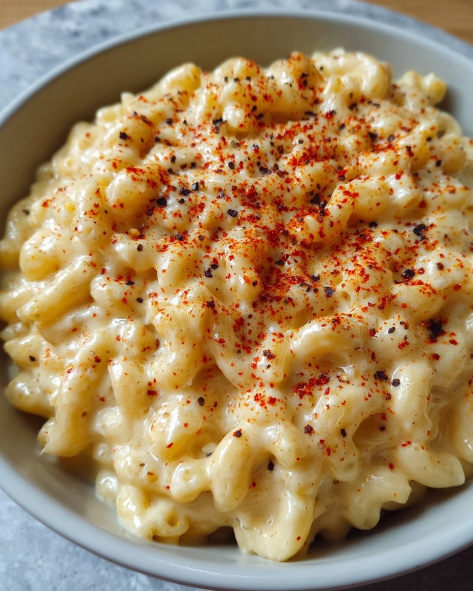 A close-up view of creamy macaroni and cheese served in a white bowl with a blue pattern. The dish has one thick layer of elbow macaroni pasta coated in smooth, melted cheese sauce that is light yellow and glossy. The top layer is sprinkled with finely ground red spices and black pepper flakes, adding texture and color contrast. The bowl rests on a white marbled surface, highlighting the rich cheese and spice details on the pasta. photo taken with an iphone --ar 4:5 --v 7