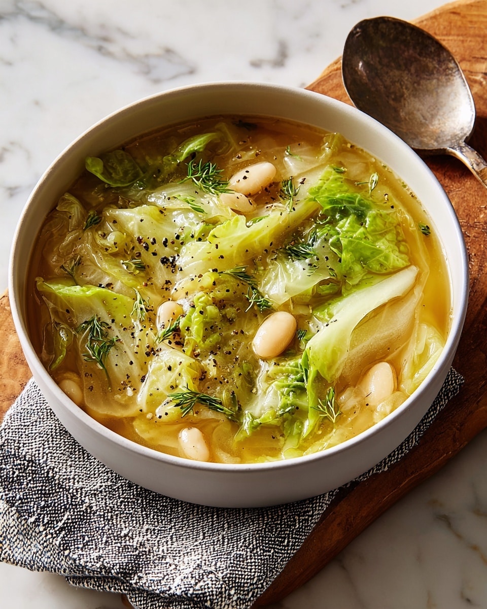 A round white bowl holds a clear broth soup with three visible layers: the bottom clear broth, the middle layer of light green and white cabbage pieces with soft texture, and the top layer featuring white beans and sprigs of fresh green herbs, possibly dill, sprinkled with black pepper flakes. The bowl sits on a wooden board with a metal spoon on the side and a gray textured cloth underneath, all placed on a white marbled surface. photo taken with an iphone --ar 4:5 --v 7