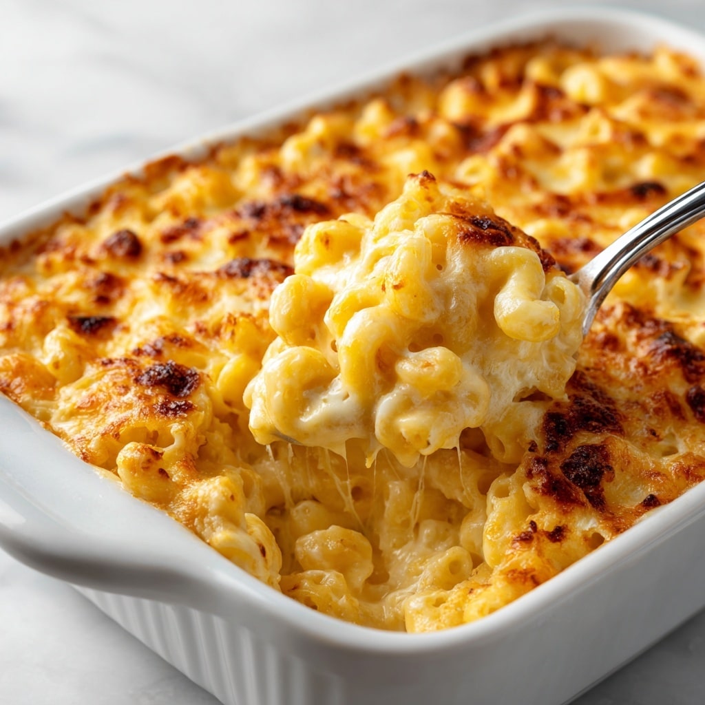 A close-up of a white dish filled with creamy, baked macaroni and cheese. The dish shows a top layer of golden, melted cheese with some browned spots. Below this, there are two visible layers of soft, curled macaroni noodles coated in rich, smooth cheese sauce that is yellow-orange in color. A silver spoon is scooping up a bite, showing the thick, cheesy texture of the pasta. The background is a white marbled surface. Photo taken with an iphone --ar 4:5 --v 7