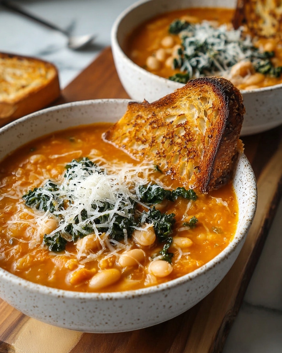 A bowl filled with thick, creamy orange soup with visible chunks of white beans and bits of tomato, topped with a generous layer of finely grated white cheese. Scattered fresh green basil pieces and a sprinkle of black pepper are spread over the cheese, adding texture and color. The white bowl sits on a white marbled surface, with toasted bread slices slightly visible in the background. The soup looks warm and inviting, with a smooth yet chunky texture. Photo taken with an iphone --ar 4:5 --v 7
