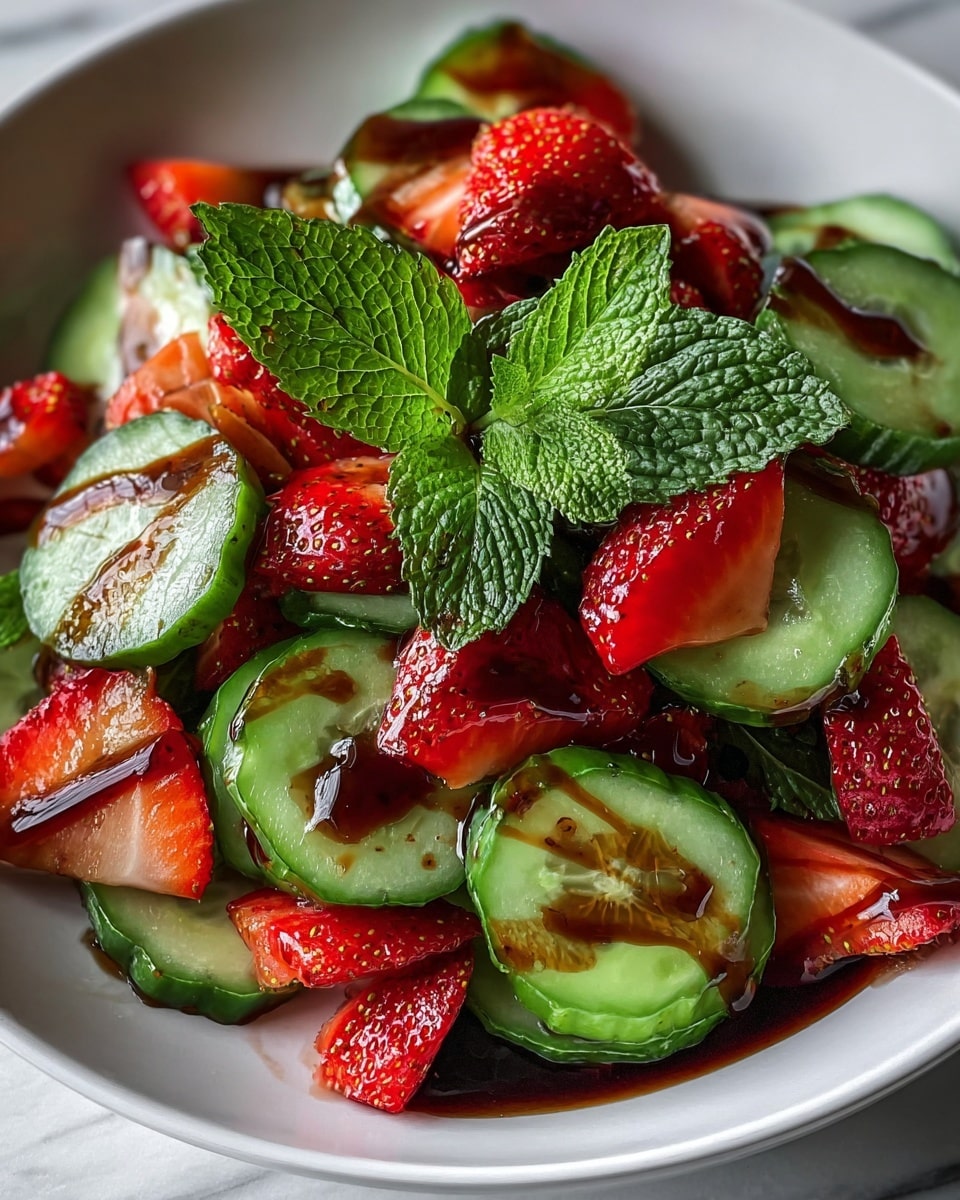 This image shows a fresh salad made with thick slices of green cucumbers and quartered red strawberries. The cucumber slices have a watery shine and a firm texture, while the strawberry pieces are bright red with tiny seeds and a soft look. Drizzled over the salad is a dark brown dressing that glistens on the fruits and vegetables. On top, fresh green mint leaves with textured veins add a pop of color and freshness, layered right in the center of the mix. The salad is served on a white plate set against a white marbled surface. photo taken with an iphone --ar 4:5 --v 7