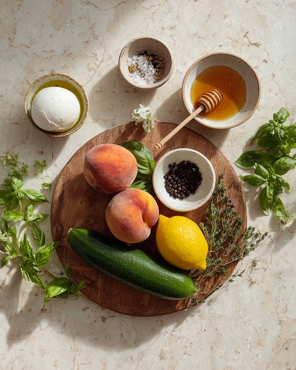 A round wooden cutting board holds three peaches with a pinkish-orange fuzzy skin, one bright yellow lemon with a smooth peel, and a long dark green cucumber at the bottom edge. Above the lemon and peaches are two small white speckled bowls; one contains honey with a wooden honey dipper resting inside, and the other has a dark amber liquid. Next to the board, a small white bowl contains black peppercorns, and a small round clay bowl holds coarse sea salt. In the top left, a white bowl with green speckles contains a smooth white ball of mozzarella cheese. Olive oil in a clear glass bottle is placed nearby. Fresh green basil leaves and sprigs of thyme are spread around on a white marbled texture surface. Photo taken with an iphone --ar 4:5 --v 7