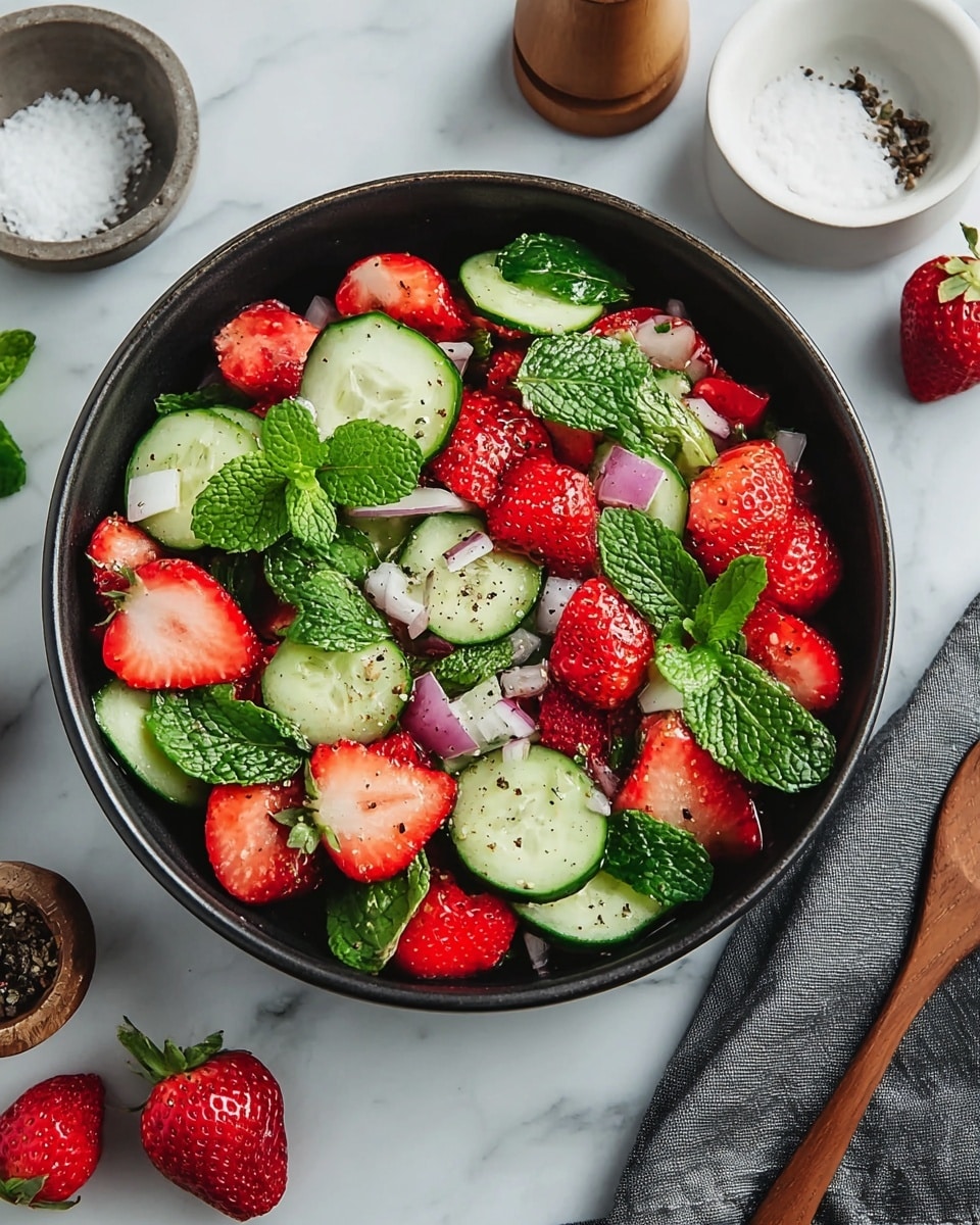 A dark bowl filled with a colorful salad placed on a white marbled surface, showing three main layers: the bottom layer has fresh green mint leaves with bright green cucumber slices that have a smooth texture and pale centers, the middle layer consists of red strawberries both whole and halved, revealing their juicy, textured seeds and white inner flesh, and the top layer includes scattered pieces of light purple onion and whole mint leaves. The salad is sprinkled with black pepper, and around the bowl are a white bowl with salt, a small wooden pepper shaker, a gray cloth, and some whole strawberries and mint leaves. photo taken with an iphone --ar 4:5 --v 7