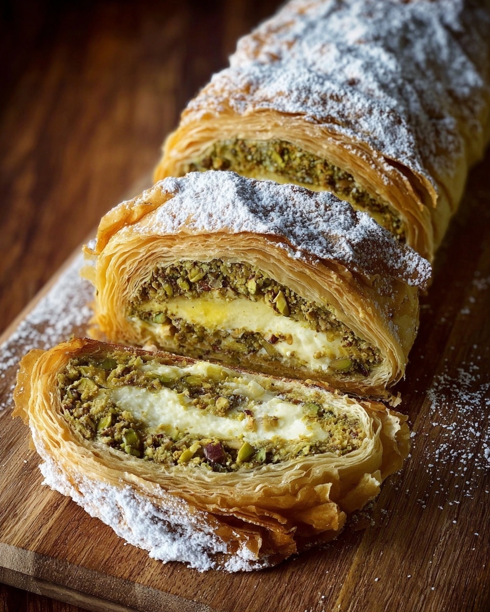 The image shows a sliced pastry roll on a wooden board, with two pieces visible. The pastry has multiple thin, golden-brown layers on the outside, topped with a dusting of powdered sugar. Inside, there are about three distinct layers: a light yellow creamy layer in the middle, surrounded by a greenish mixture made of small nut pieces, likely pistachios, mixed with a filling. The flaky, crispy exterior contrasts with the smooth creamy and textured nutty layers inside, giving a rich and detailed look to each slice. Photo taken with an iphone --ar 4:5 --v 7