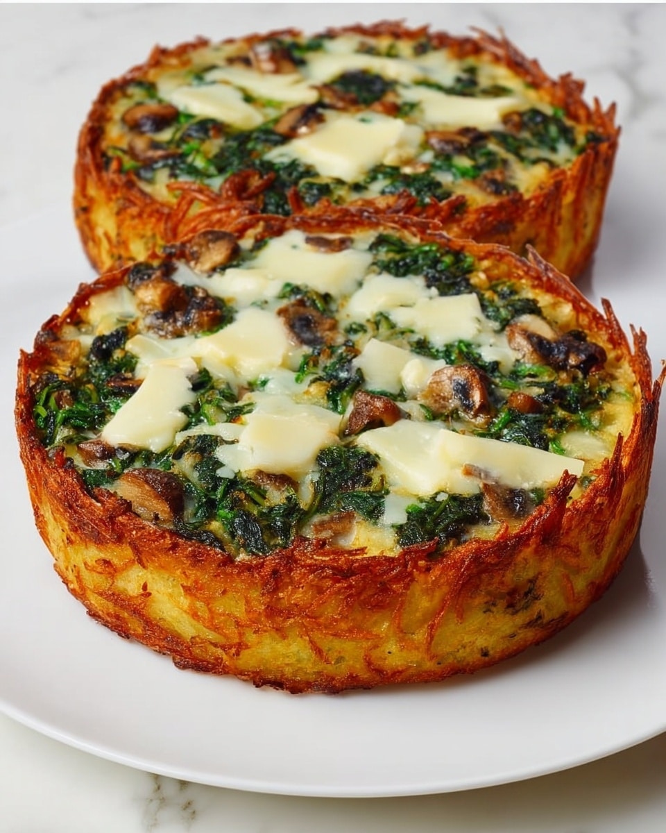 The image shows a round, deep dish with crispy golden-brown edges that look like a grated vegetable crust, likely made of potatoes or zucchini. Inside the crust, there is a layer of cooked spinach and sautéed mushrooms, dark green and brown in color, mixed evenly. Scattered on top are white, melted cheese pieces, which have a soft smooth texture and contrast nicely with the darker ingredients. The dish sits on a white plate, placed on a white marbled surface. photo taken with an iphone --ar 4:5 --v 7