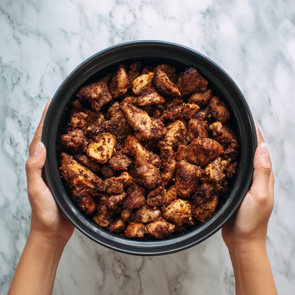 Close-up of about ten pieces of cooked chicken thighs with a shiny glaze, showing a mix of orange, golden brown, and dark charred spots. The chicken pieces rest closely together in a dark, oily pan with specks of herbs, especially green parsley sprinkled on top. A woman's hand holding bright red tongs is picking up one piece near the bottom right. The background is a white marbled texture. photo taken with an iphone --ar 4:5 --v 7