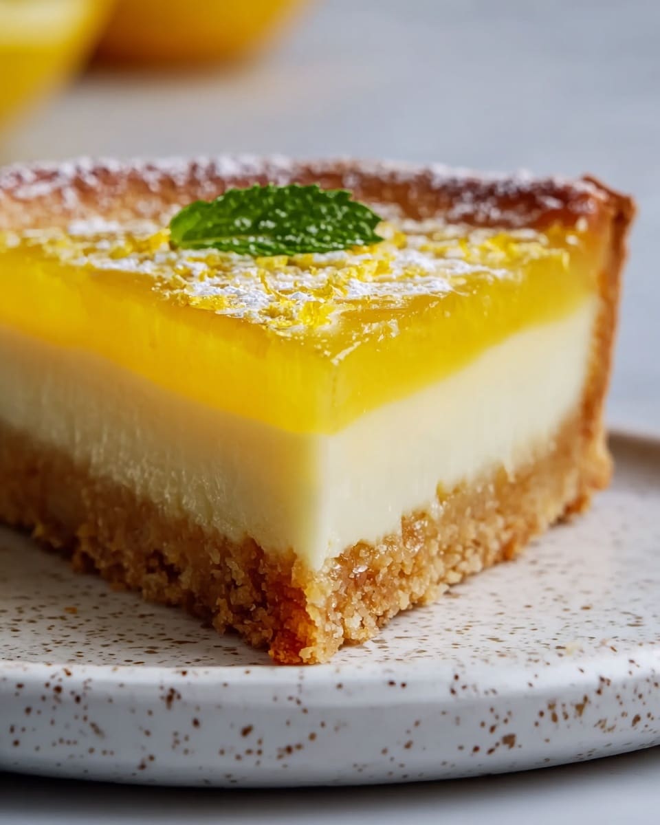 A close-up of a slice of pie with three visible layers on a white plate placed on a white marbled surface. The bottom layer is a crumbly, light brown crust with a rough texture that forms the base and edges of the slice. Above this lies a smooth, creamy pale yellow middle layer, evenly thick and dense. The top layer is a shiny, translucent golden-yellow jelly with a slightly wobbly texture, garnished with a small, fresh green mint leaf toward the upper right side of the slice. Photo taken with an iphone --ar 4:5 --v 7
