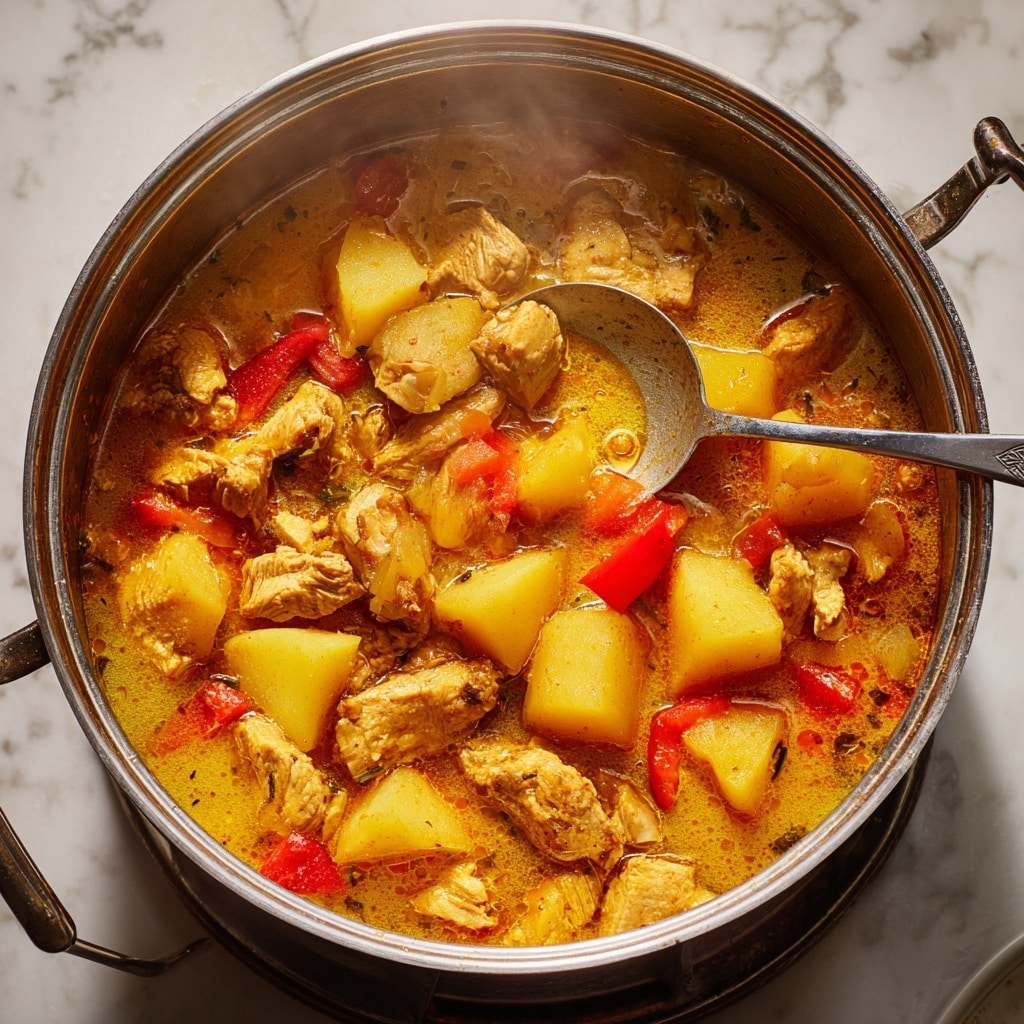 A white bowl filled with a rich, brown curry containing several pieces of cooked chicken and small chunks of orange carrot, topped with a few fresh green cilantro leaves. Steam rises from the curry, showing it is hot. The bowl sits on a beige cloth over a textured white marbled surface with a wooden-handled utensil nearby. photo taken with an iphone --ar 4:5 --v 7