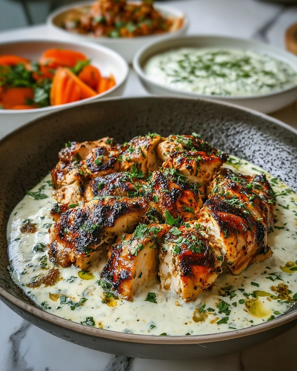 A dark speckled dish filled with thick pieces of grilled chicken, each piece charred with golden brown and black grill marks, and sprinkled with chopped green herbs. The chicken is placed on top of a creamy white sauce that has small green herb bits throughout and pools on one side of the dish. In the background, there are white bowls with side dishes, one containing slices of orange carrots topped with herbs, another with a creamy green herb sauce, all set against a white marbled surface. photo taken with an iphone --ar 4:5 --v 7