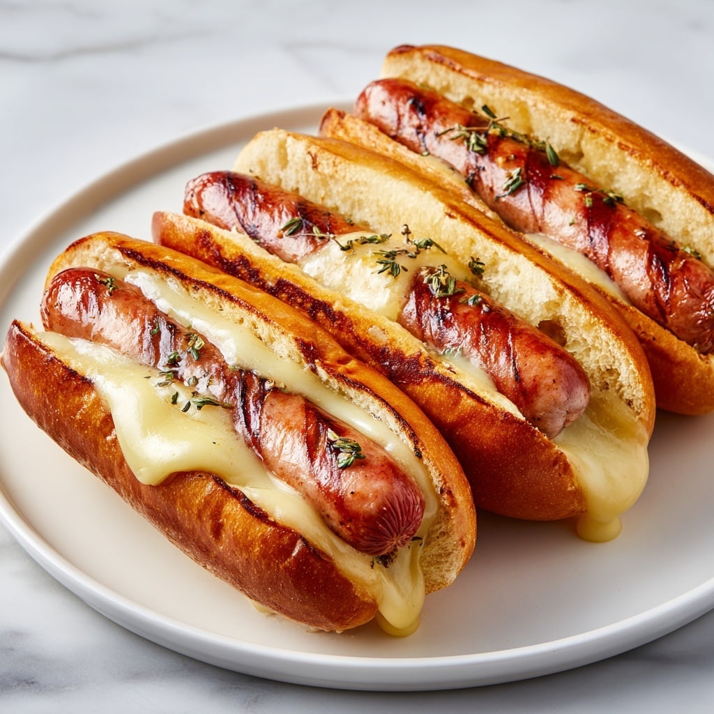 The image shows three hot dogs placed side by side on a white plate. Each hot dog has a toasted bun with a slightly golden brown color and soft texture. Inside the buns are grilled sausages with a shiny, reddish-brown skin, featuring grill marks and visible herbs sprinkled on top. There is melted cheese layered above each sausage, creamy and gooey with a light yellow color, draping over the sides of the buns. The plate sits on a white marbled surface. Photo taken with an iphone --ar 4:5 --v 7