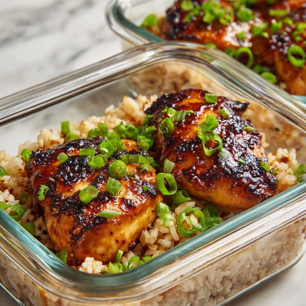 Two glass containers sit on a white marbled surface with a light gray cloth nearby. Each container holds a layer of cooked light brown rice topped with two pieces of glazed, golden-brown chicken thighs that have a slightly crispy texture. Bright green chopped scallions are scattered over the chicken and rice, adding a fresh contrast in color. The photo is taken from above, showing the neat arrangement and simple presentation. photo taken with an iphone --ar 4:5 --v 7
